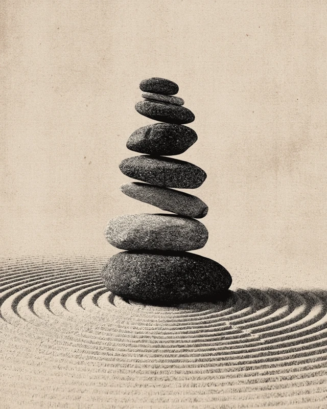 Japandi Zen Art Balancing Stones on Sand