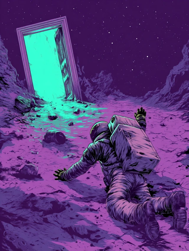Astronaut in Space Reaching for Doorway