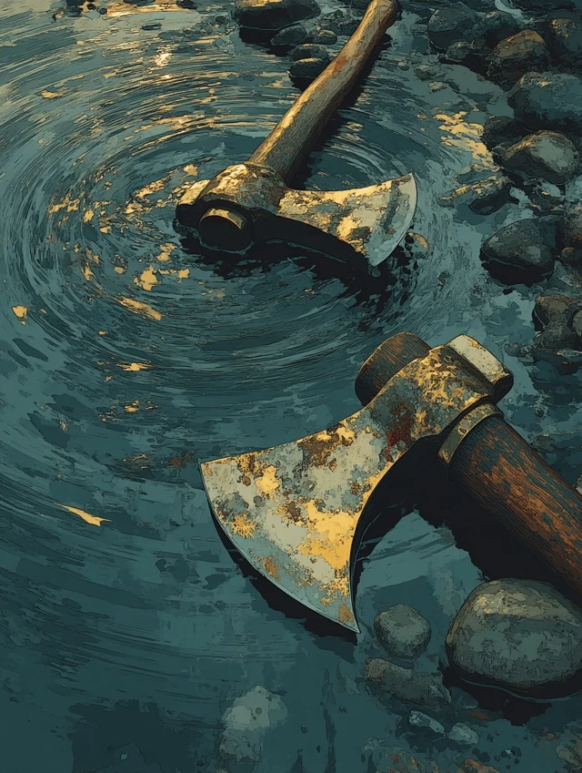 Gold and Silver Axes in a Pond Storybook Art