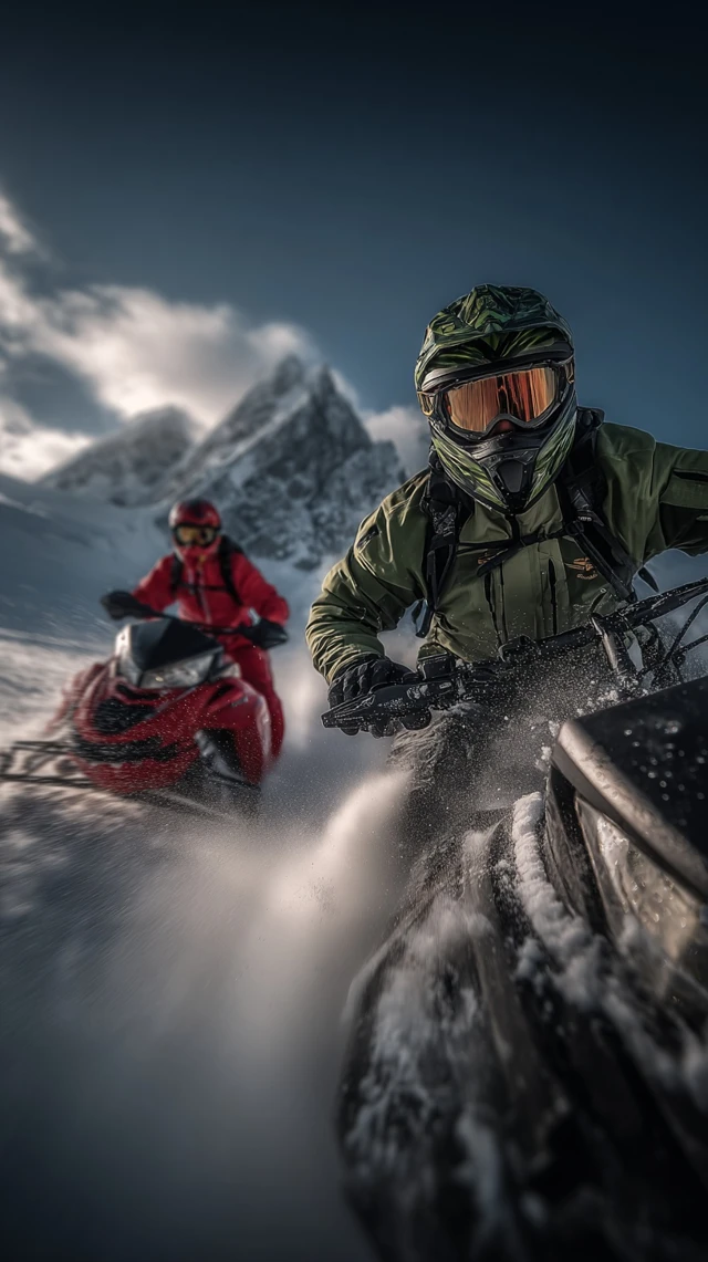 Snowmobiles in the Mountains Action Shot