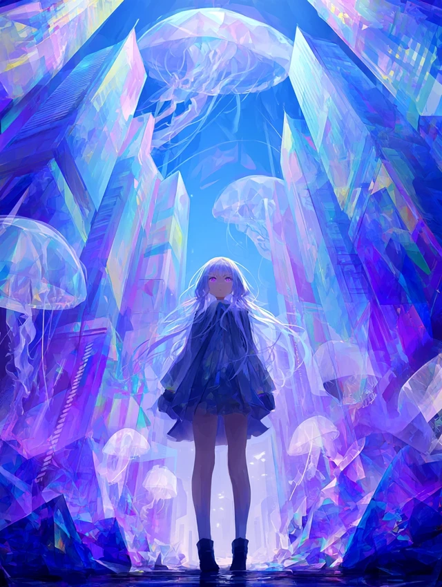Anime Girl in Dreamscape Jellyfish Painting