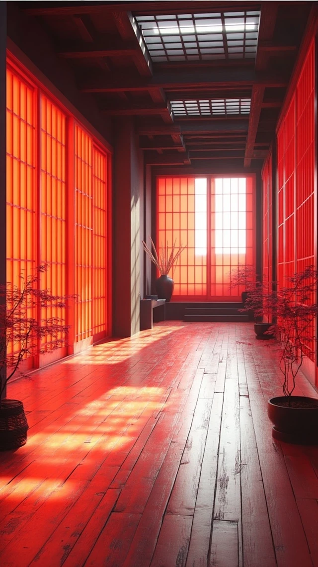 Japanese Hallway Minimalist Design Warm Red Lighting
