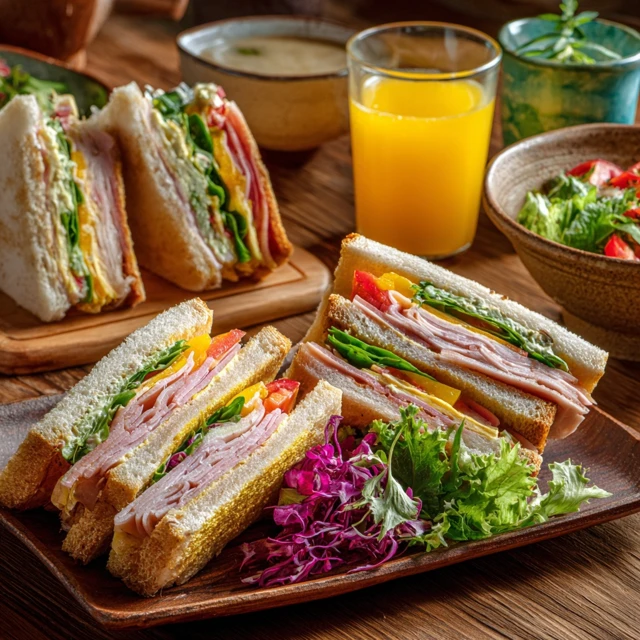 Cozy Japanese Sandwich Lunch with Orange Juice