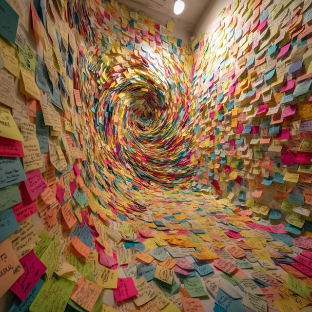Sticky Note Swirl: Chaotic Art in a Workspace