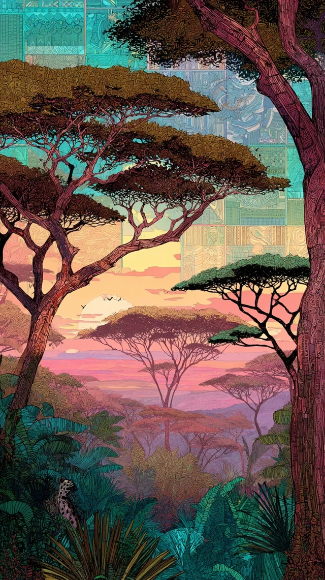Serengeti Sunset Wildlife Illustration Art