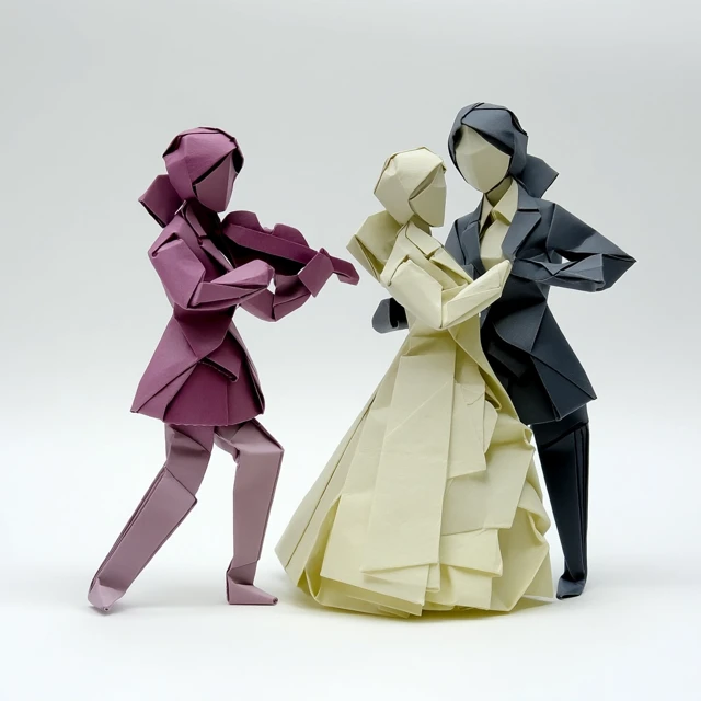 Origami of Business Woman Playing Violin and Couple Dancing