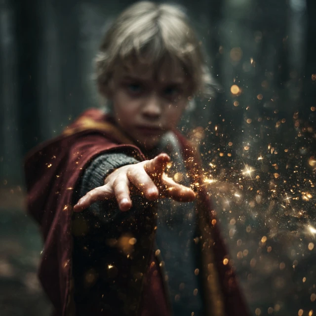 Young Wizard Casting a Spell in the Forest