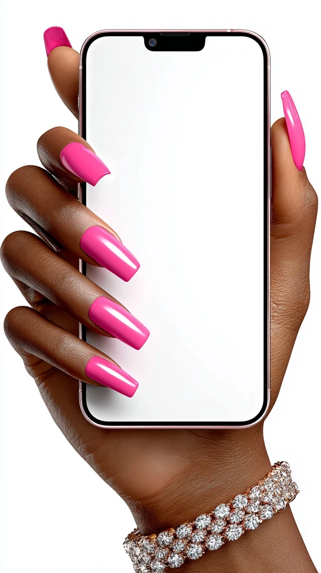 iPhone 15 Pro Max Mockup Black Hand with Pink Nails