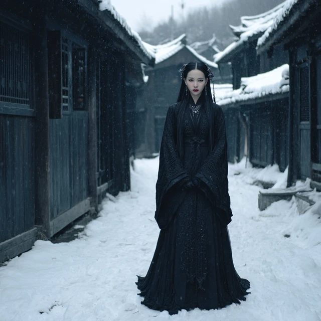 Gothic Chinese Woman in Snow Covered Village
