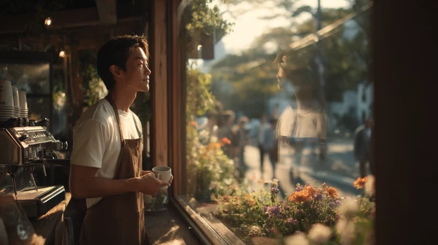 Cafe Scene Asian Barista with Calm Morning