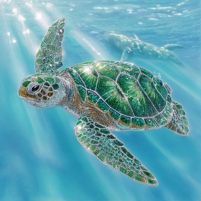 Emerald Turtle Swimming with Whales Realistic Dreamy