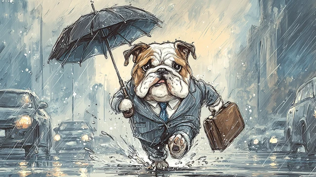 Bulldog in Suit Rainy Day Cartoon