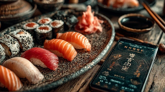 Sushi Plate and Smartphone Close Up Photography