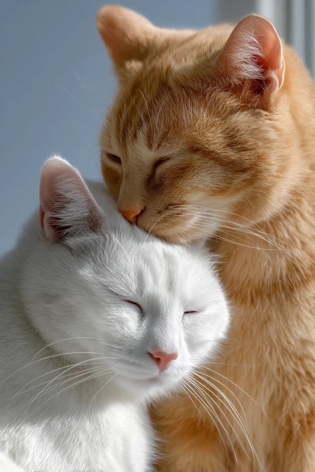 Loving Cats: White Cat and Orange Cat Cuddle