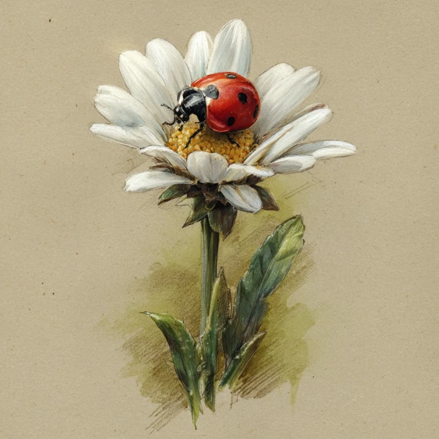 Ladybug on Daisy Detailed Watercolor Pencil Drawing