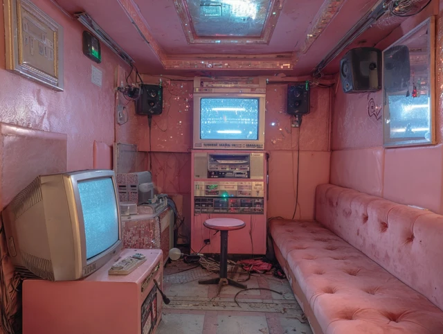 Abandoned Karaoke Bar Interior Retro Pink Tones