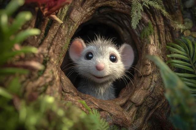 Cute Baby Mouse Peeking from Tree Hollow