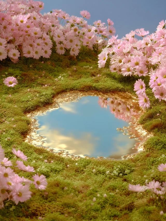 Dreamy Nature Scene Golden Pond and Flowers