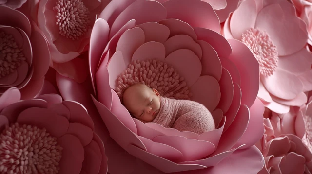 Newborn Baby Girl and Blush Paper Flowers Photo