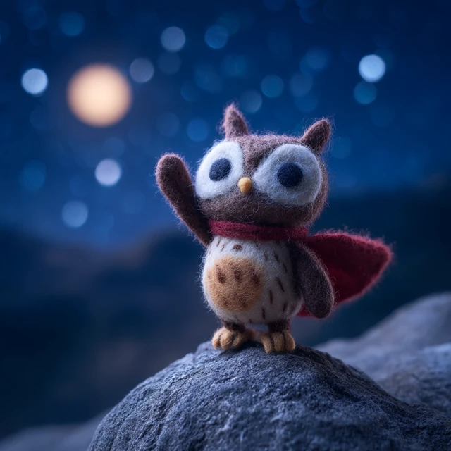 Cute Owl Hero Felt Figurine Stargazing at Night