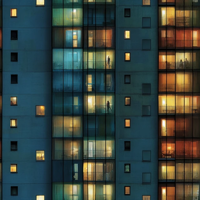 Apartment Building Facade at Night