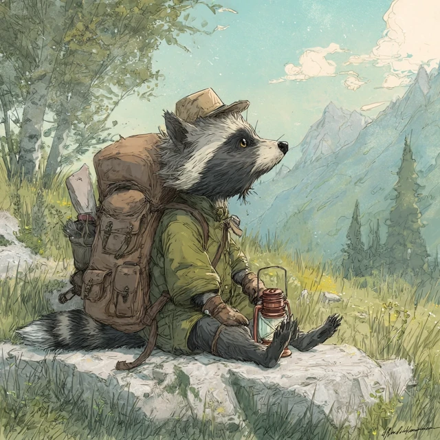 Baby Raccoon Hikes in the Mountains