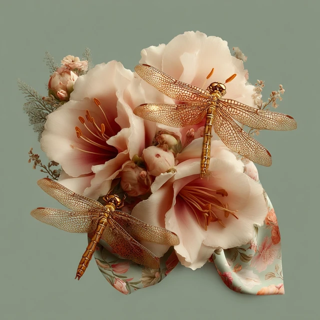 Dragonflies and Flowers Floral Art Illustration