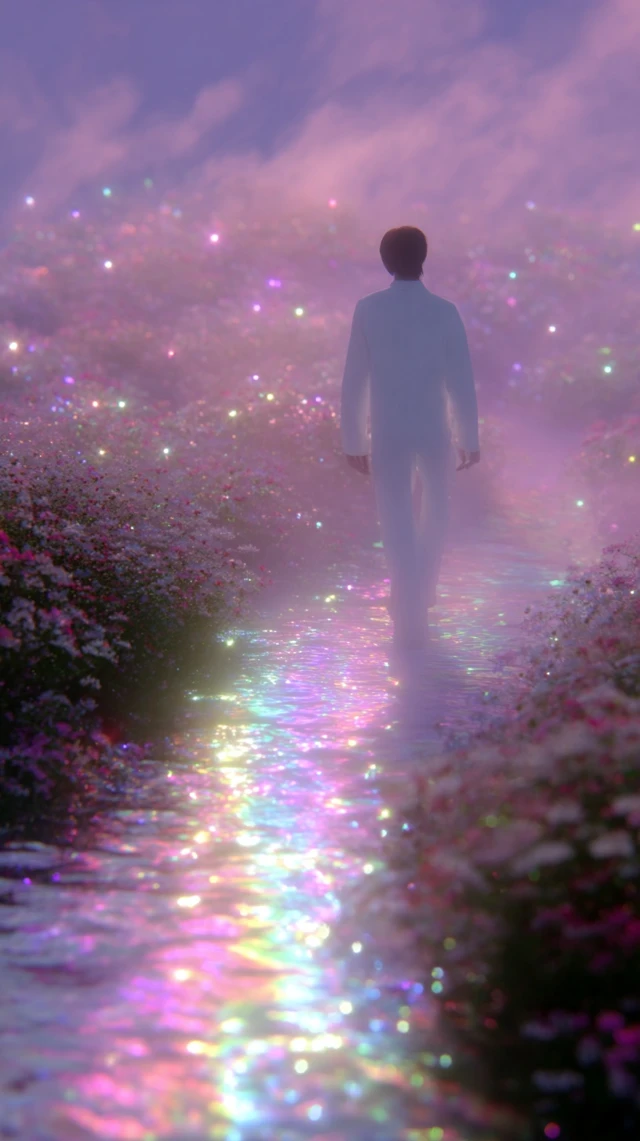 Dreamlike Silhouette Walking Through Iridescent Field