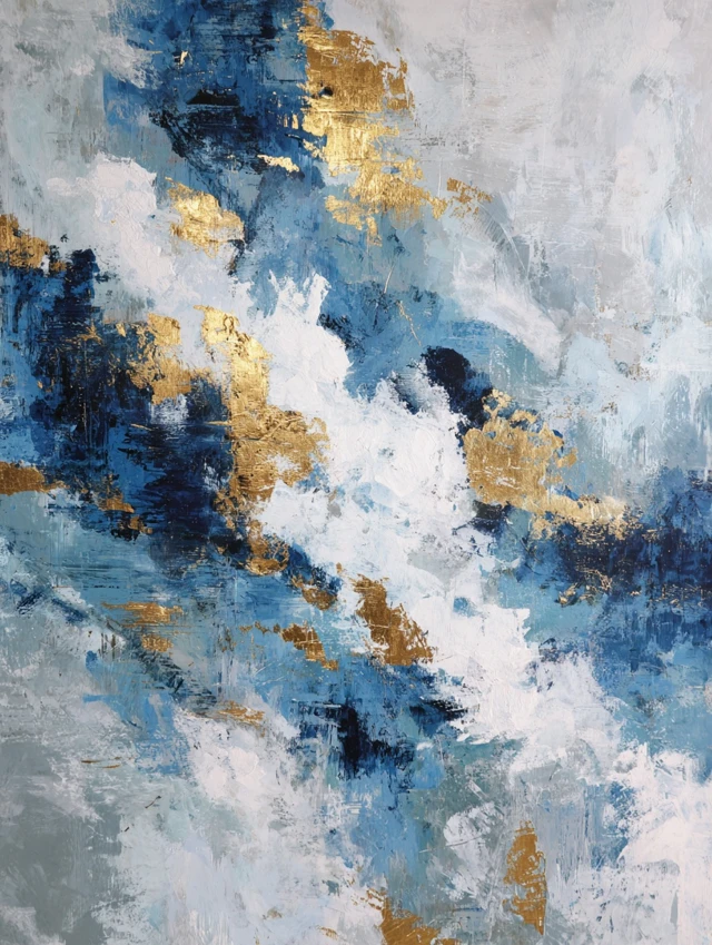 Abstract Brushstroke Art White Blue Gold Foil
