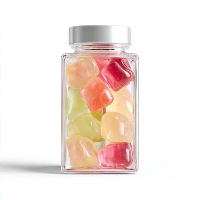 Transparent Square Bottle with Gummies Cosmetic Product