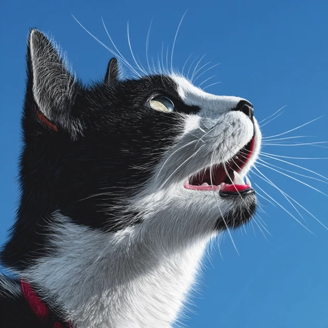 Excited Tuxedo Cat Profile Against Blue Sky