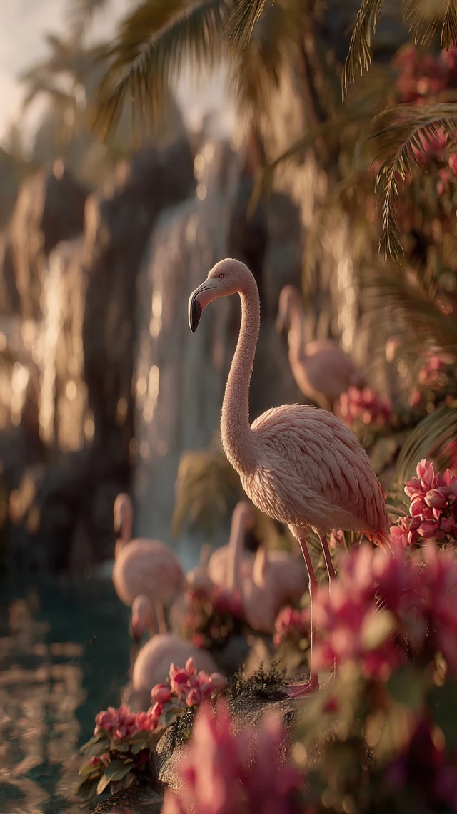 Flamingos Paradise Tropical Waterfall Serene Scene