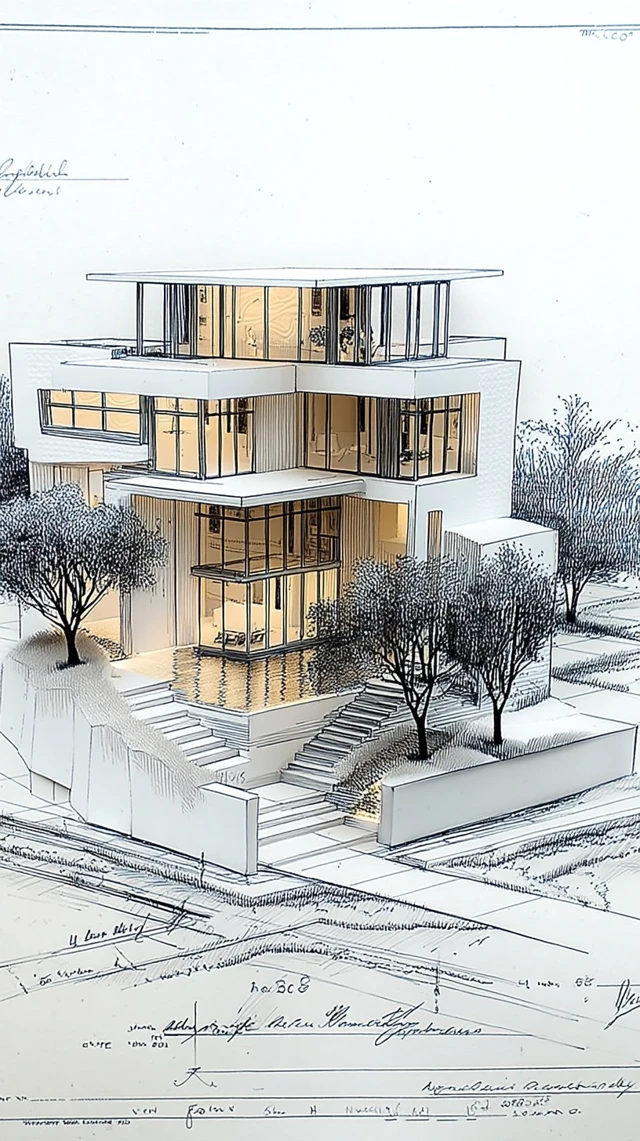 Contemporary White Villa Hand Drawn Sketch