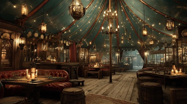 Fisher Pub Interior Under Tent: Cinematic and Hyperrealistic