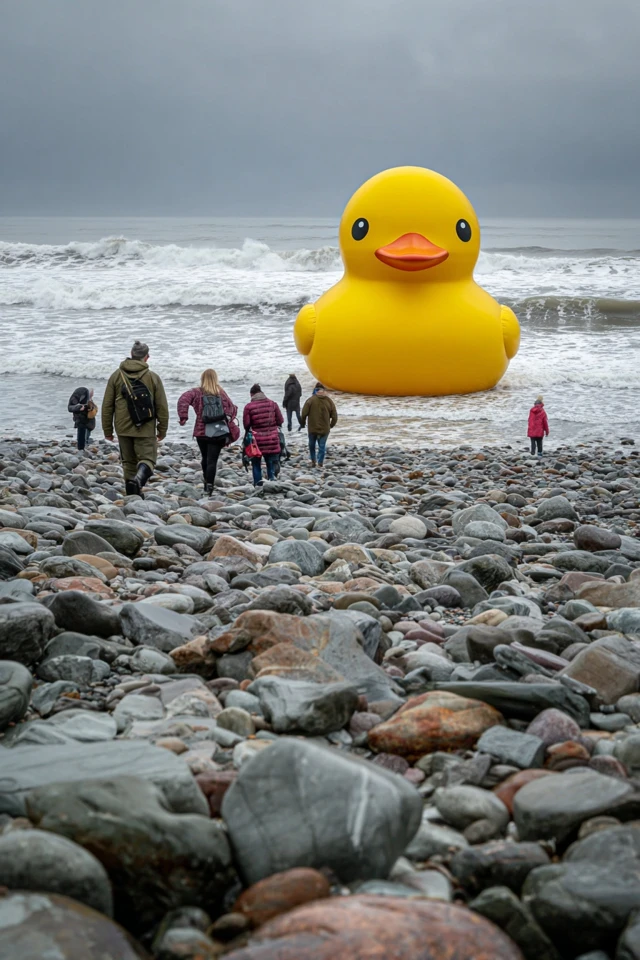 Rubber Duck on Rocky Beach Overcast Day