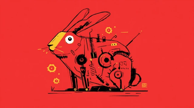 Cybernetic Rabbit Illustration Red Background Vector Art