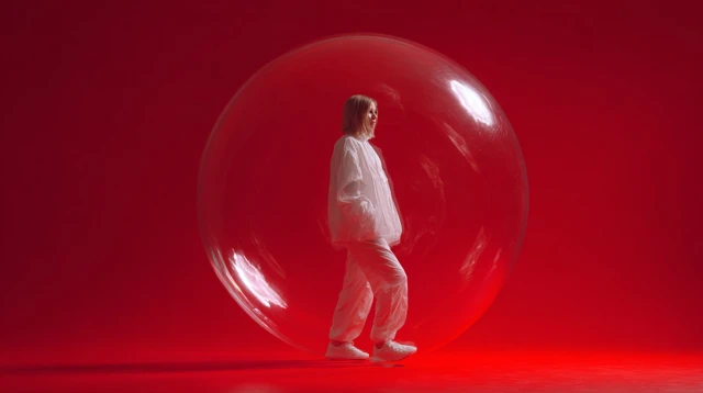 Woman Inside a Bubble Red Background Commercial