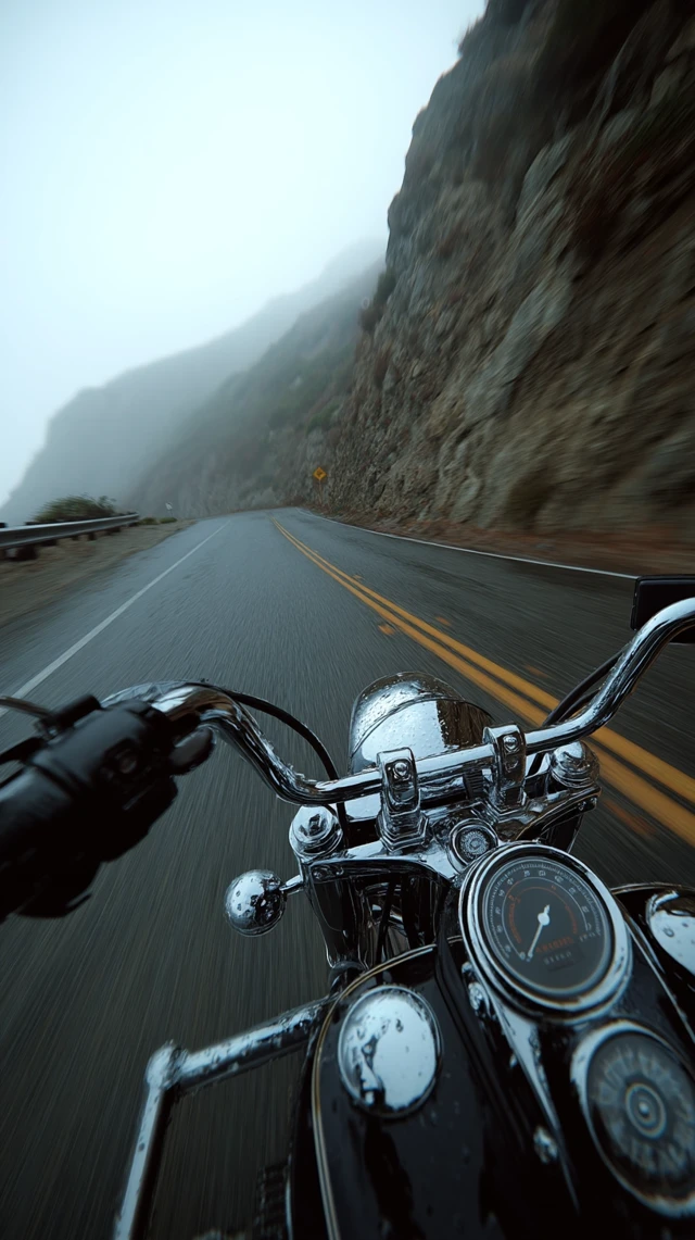 Harley Davidson Motorcycle on Foggy Road