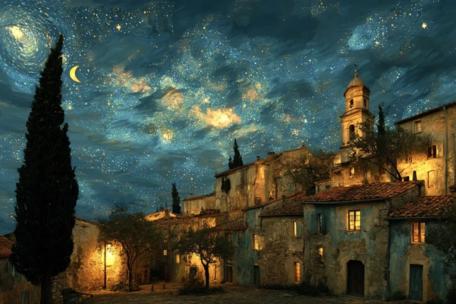 European Village Night Photo with Starry Sky