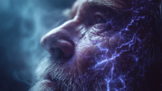 Surreal Man Exhales Mist with Glowing Nerves