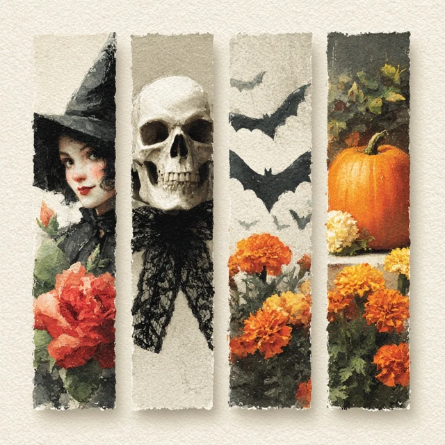 Halloween Watercolor Collage Witch Skull Bats Pumpkin