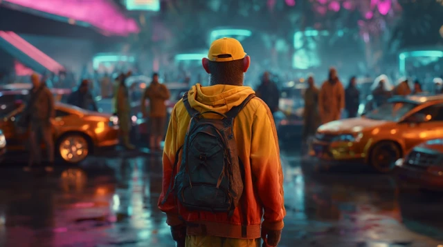 Cyberpunk Ape at Casino Entrance