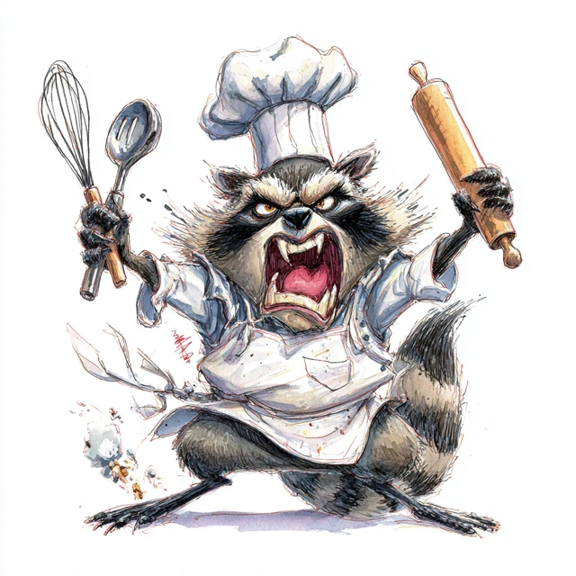 Angry Chef Raccoon Watercolor Illustration