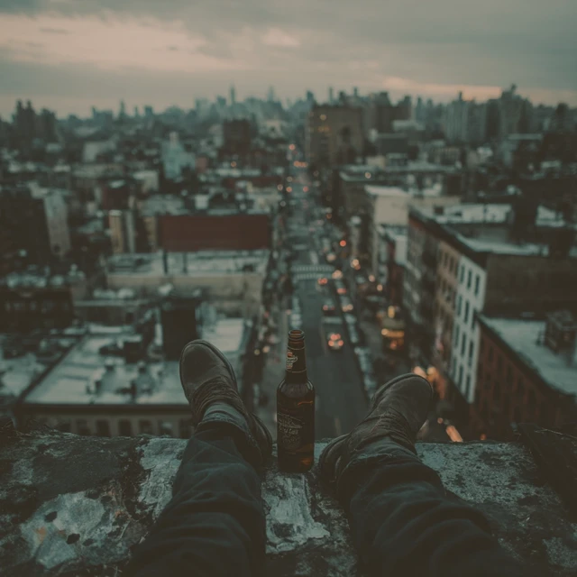 NYC Rooftop View: Man Relaxing with a Beer