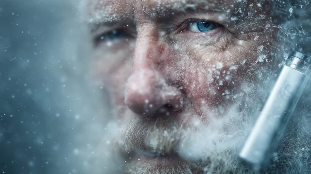 Man Vaping in Snow Cinematic Portrait