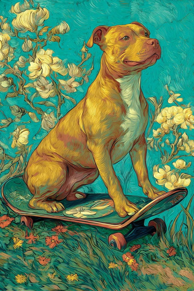 Pitbull Dog on Skateboard Van Gogh Style