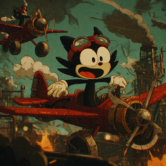 Rubber Hose Cat Pilot Steampunk Biplane Adventure