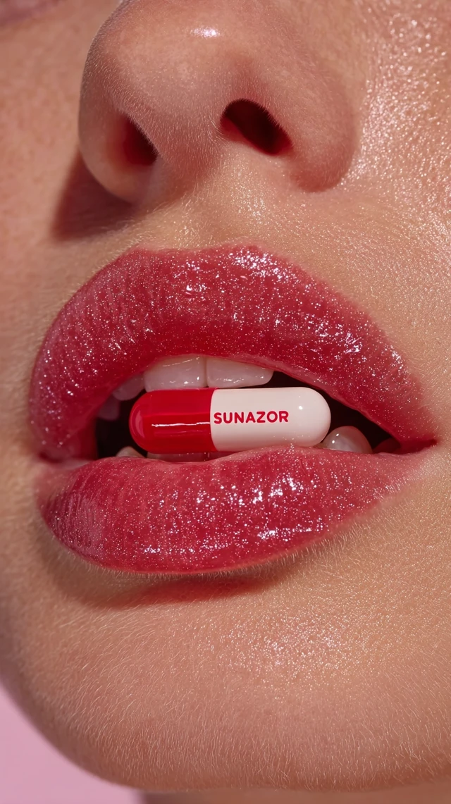 Close Up of Lips Holding Sunrazor Pill Product Photo
