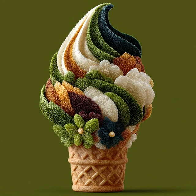Matcha Ice Cream Cone with Feather Design