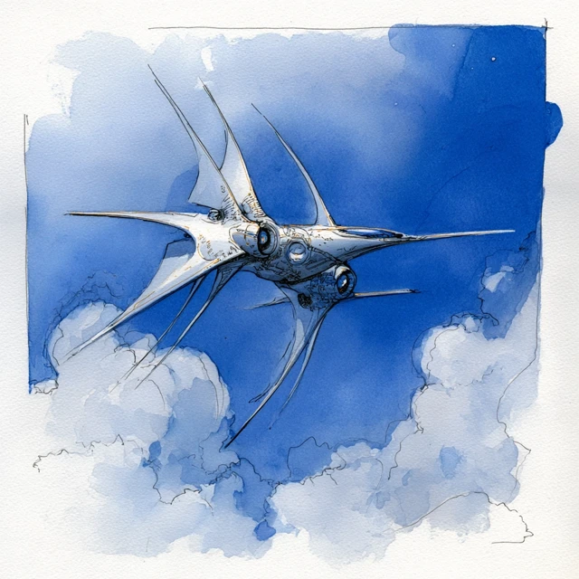 Watercolor Starship Illustration with Wing Sails